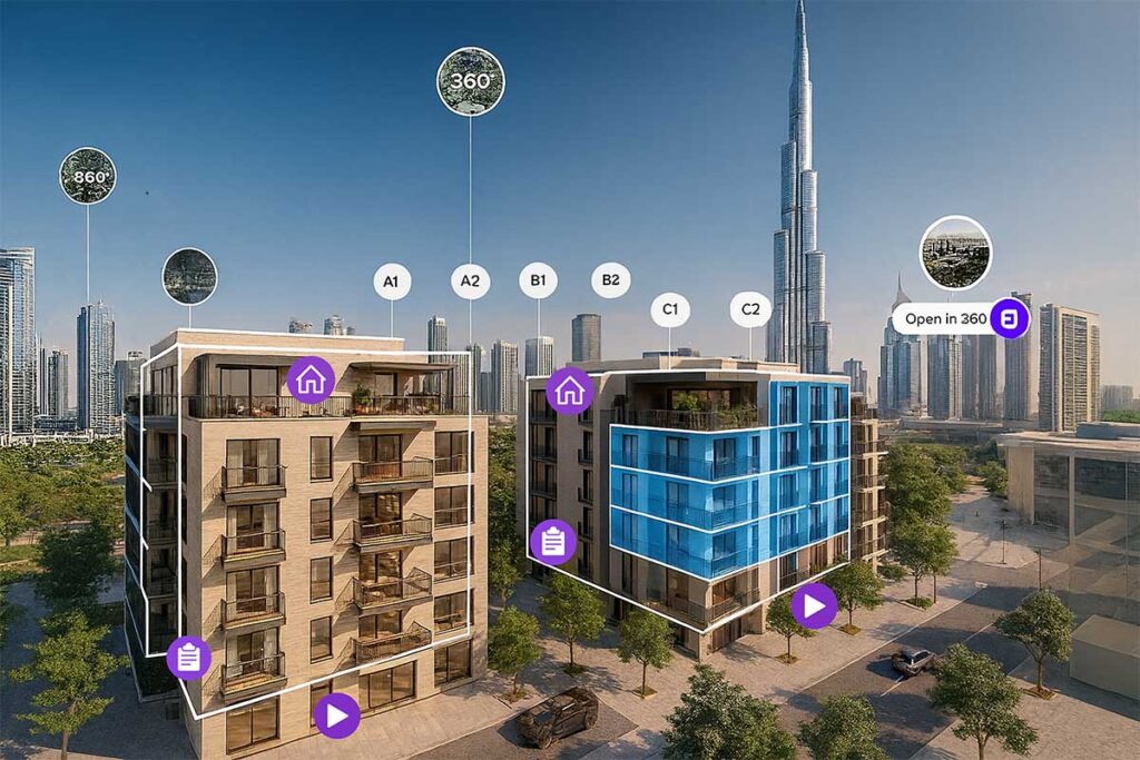 Interactive real estate visualization by Limina Studios showcasing 3D rendered buildings and virtual tour interface in Downtown Dubai